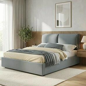 Кровать Vita велюр серая без подъёмного механизма 1600x2000, изголовье мягкое