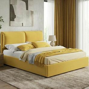 Кровать Vita велюр желтый с подъемным механизмом 1600x2000, ортопедическое основание, изголовье мягкое