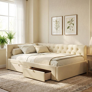 Кровать Afelia велюр бежевый без П/М 1200x2000, ортопедическое основание, изголовье мягкое