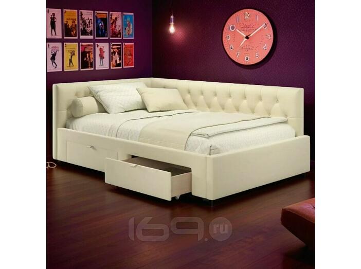 Кровать-тахта мягкая Afelia 1200 бежевая с ящиками