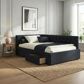 Кровать Afelia велюр черный без подъёмного механизма 1200x2000, ортопедическое основание, изголовье мягкое