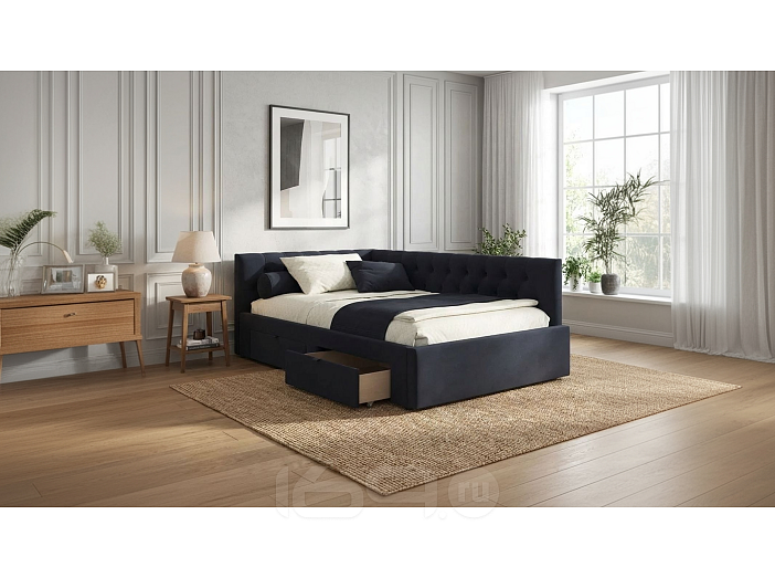 Кровать Afelia велюр черный без П/М 1200x2000, ортопедическое основание, изголовье мягкое