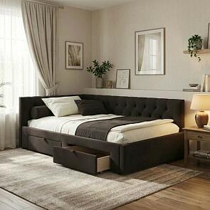 Кровать Afelia велюр шоколад без подъёмного механизма 1200x2000, ортопедическое основание, изголовье мягкое