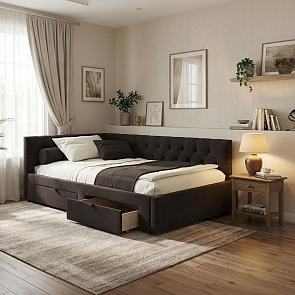Кровать Afelia велюр шоколад без П/М 1200x2000, ортопедическое основание, изголовье мягкое