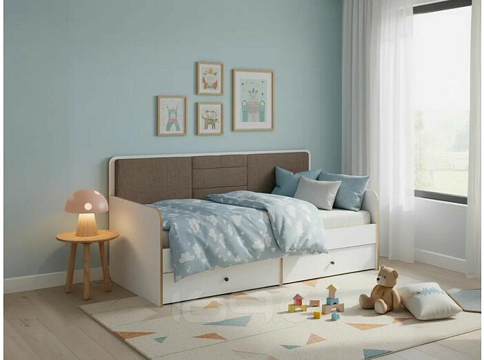 Кровать Вуди ткань белый премиум, саванна латте без П/М 900x2000, изголовье мягкое