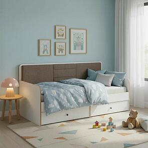 Кровать Вуди ткань белый премиум, саванна латте без П/М 900x2000, изголовье мягкое