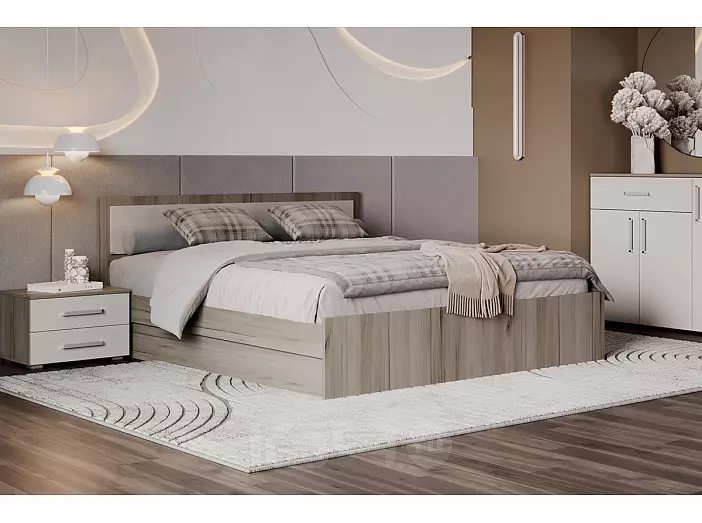 Кровать Фиеста без обивки кашемир/дуб крафт серый без подъёмного механизма 1400x2000, без ортопедического основания, изголовье жесткое