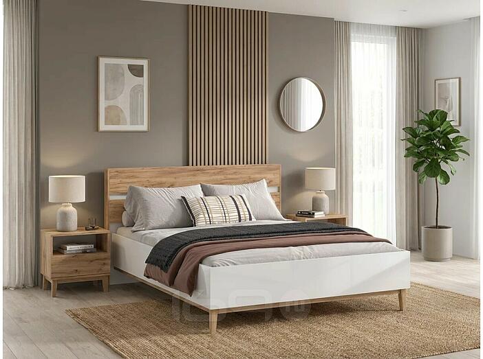 Кровать Кельн без обивки белый глянец/дуб крафт без П/М 1600x2000, без ортопедического основания, изголовье жесткое