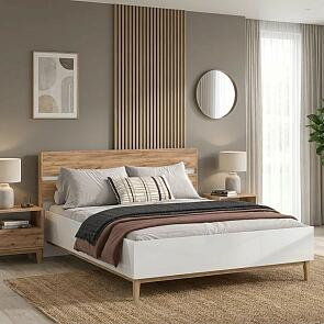 Кровать Кельн без обивки белый глянец/дуб крафт без П/М 1600x2000, без ортопедического основания, изголовье жесткое