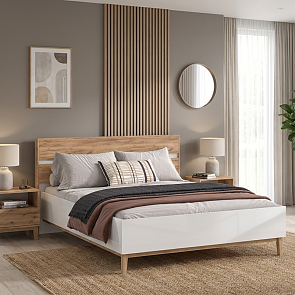 Кровать Кельн без обивки белый глянец/дуб крафт без П/М 1600x2000, без ортопедического основания, изголовье жесткое