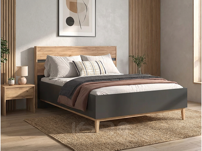 Кровать Кельн без обивки графит/дуб крафт без П/М 1600x2000, без ортопедического основания, изголовье жесткое