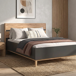 Кровать Кельн без обивки графит/дуб крафт без П/М 1600x2000, без ортопедического основания, изголовье жесткое