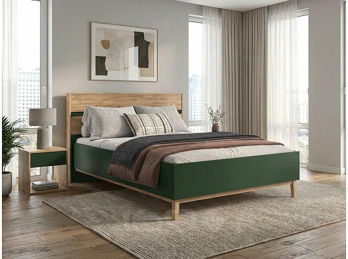 Кровать Кельн без обивки изумрудный/дуб крафт без П/М 1600x2000, без ортопедического основания, изголовье жесткое