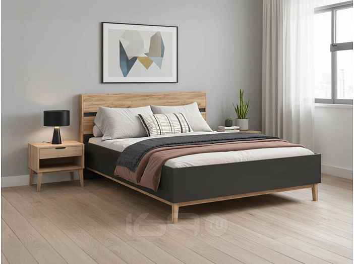 Кровать Кельн без обивки графит/дуб крафт без П/М 1600x2000, ортопедическое основание, изголовье жесткое