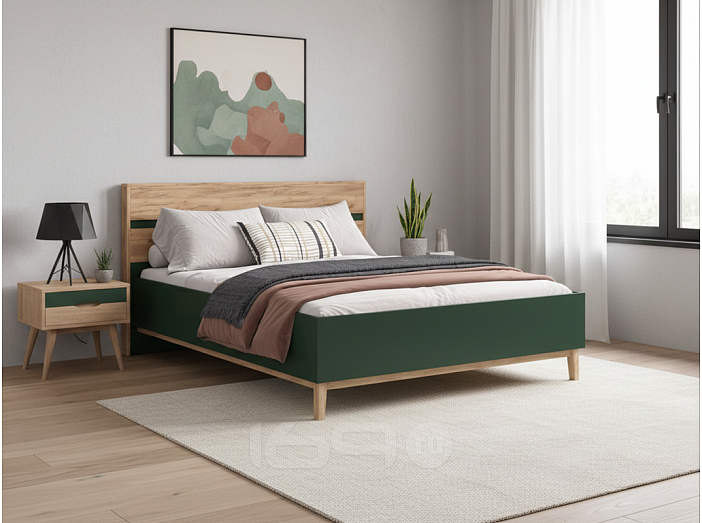 Кровать Кельн без обивки изумрудный/дуб крафт без П/М 1600x2000, ортопедическое основание, изголовье жесткое