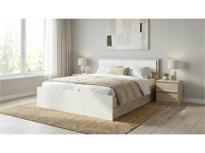 Кровать Мартина без обивки белый глянец/дуб сонома без подъёмного механизма 1400x2000, без ортопедического основания, изголовье жесткое
