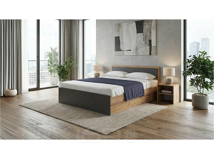 Кровать Мартина без обивки графит/дуб крафт без подъёмного механизма 1400x2000, без ортопедического основания, изголовье жесткое