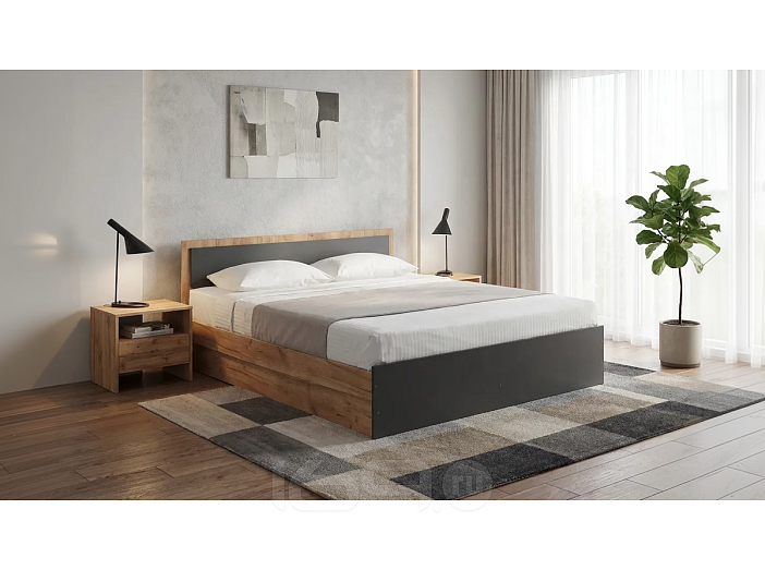 Кровать Мартина без обивки графит/дуб крафт без П/М 1600x2000, изголовье жесткое