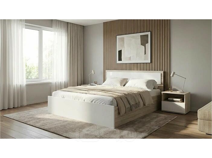 Кровать Мартина без обивки белый глянец/дуб сонома с подъемным механизмом 1400x2000, изголовье жесткое
