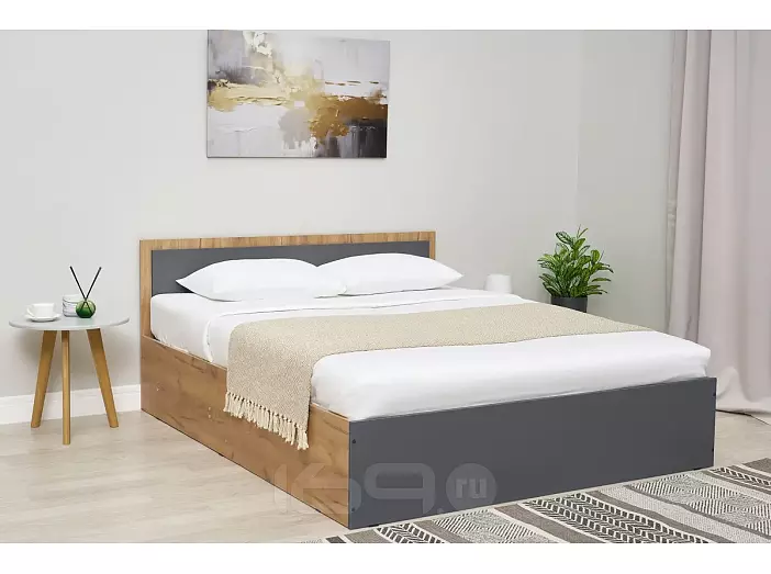 Кровать Мартина без обивки графит/дуб крафт С П/М 1600x2000, ортопедическое основание, изголовье жесткое