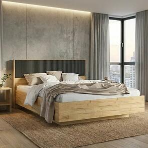 Кровать Марвэл без обивки браш графит/дуб крафт без П/М 1600x2000, ортопедическое основание, изголовье жесткое