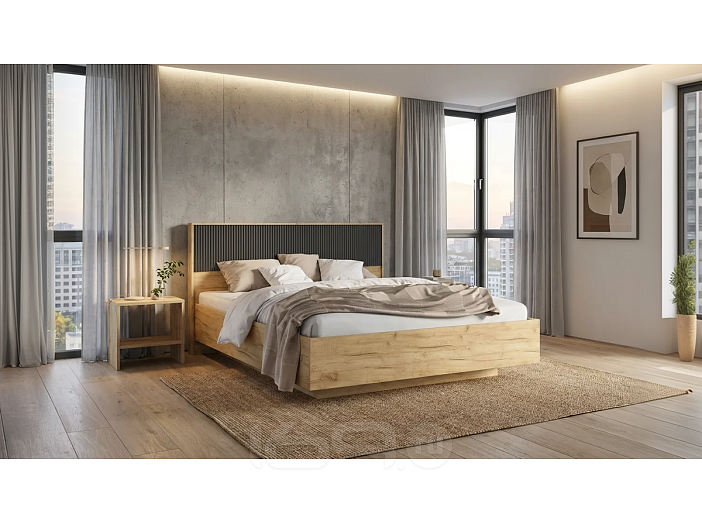 Кровать Марвэл без обивки браш графит/дуб крафт без П/М 1600x2000, ортопедическое основание, изголовье жесткое