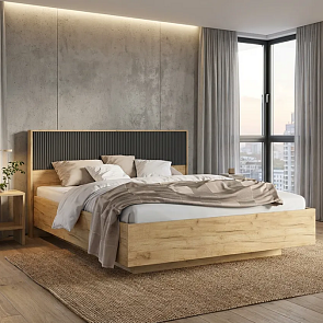 Кровать Марвэл без обивки браш графит/дуб крафт без П/М 1600x2000, ортопедическое основание, изголовье жесткое