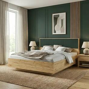 Кровать Марвэл без обивки браш мени грин/дуб крафт без П/М 1600x2000, изголовье жесткое