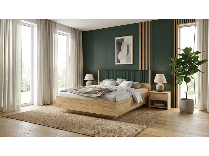 Кровать Марвэл без обивки браш мени грин/дуб крафт без П/М 1600x2000, ортопедическое основание, изголовье жесткое