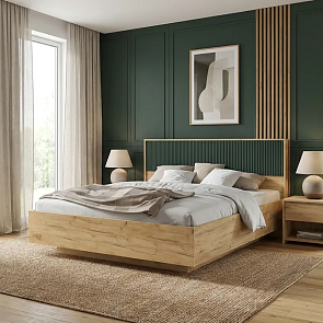 Кровать Марвэл без обивки браш мени грин/дуб крафт без П/М 1600x2000, ортопедическое основание, изголовье жесткое