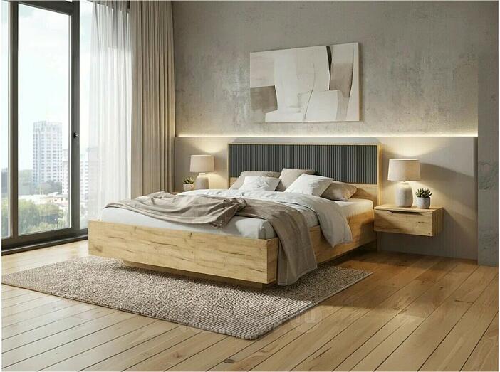 Кровать Марвэл с подсветкой без обивки браш графит/дуб крафт без П/М 1600x2000, изголовье жесткое