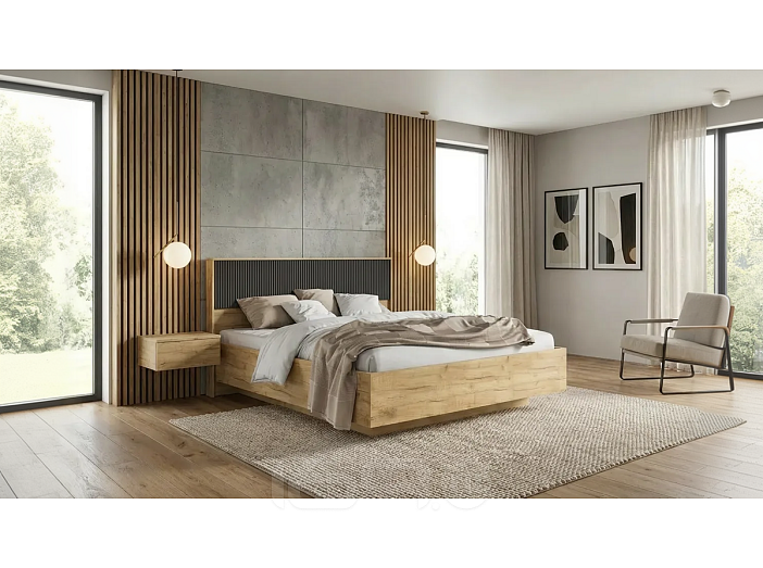 Кровать Марвэл без обивки браш графит/дуб крафт без П/М 1600x2000, ортопедическое основание, изголовье жесткое