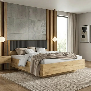 Кровать Марвэл без обивки браш графит/дуб крафт без П/М 1600x2000, ортопедическое основание, изголовье жесткое