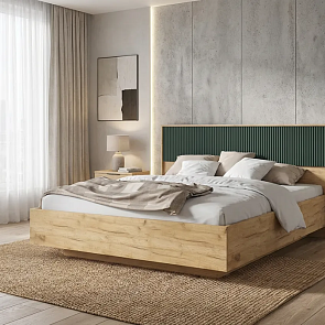 Кровать Марвэл без обивки браш мени грин/дуб крафт без П/М 1600x2000, ортопедическое основание, изголовье жесткое
