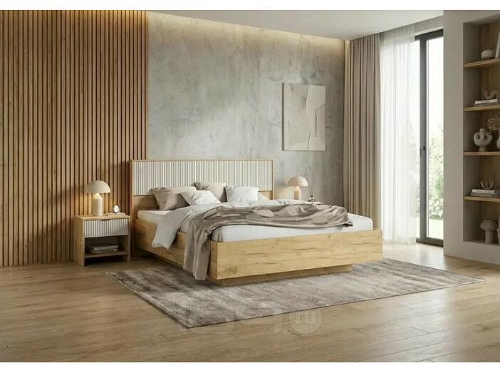 Кровать Марвэл с подсветкой без обивки мальта/дуб крафт без П/М 1600x2000, изголовье жесткое