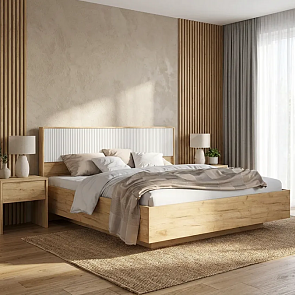Кровать Марвэл без обивки браш вайт/дуб крафт С П/М 1600x2000, ортопедическое основание, изголовье жесткое