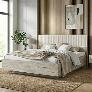 Кровать Марвэл без обивки кашемир/дуб крафт серый С П/М 1600x2000, ортопедическое основание, изголовье жесткое