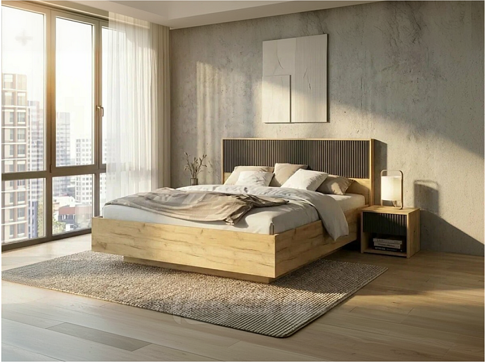 Кровать Марвэл без обивки мальта грей/дуб крафт С П/М 1600x2000, ортопедическое основание, изголовье жесткое