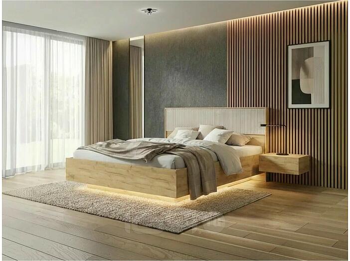 Кровать Марвэл с подсветкой без обивки мальта/дуб крафт С П/М 1600x2000, ортопедическое основание, изголовье жесткое