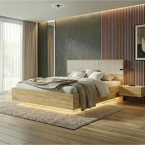 Кровать Марвэл с подсветкой без обивки мальта/дуб крафт С П/М 1600x2000, ортопедическое основание, изголовье жесткое