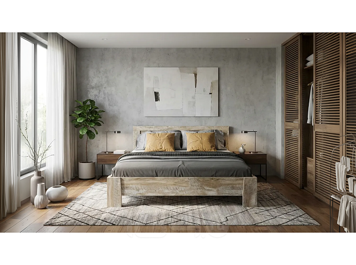 Кровать Ривьера без обивки дуб юкон/бетон темный без П/М 1600x2000, ортопедическое основание, изголовье жесткое