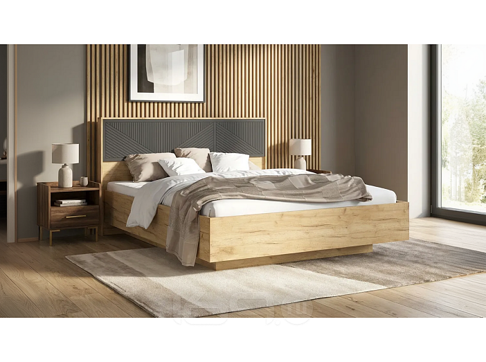 Кровать Сильвия без обивки браш графит/дуб крафт без П/М 1600x2000, ортопедическое основание, изголовье жесткое