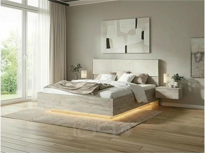 Кровать Сильвия с подсветкой без обивки кашемир/дуб крафт серый без П/М 1600x2000, изголовье жесткое