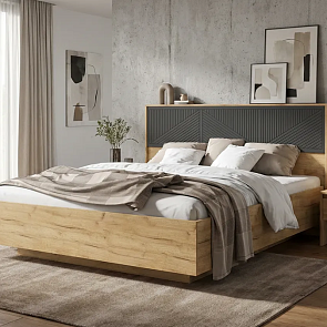 Кровать Сильвия без обивки браш графит/дуб крафт без П/М 1600x2000, ортопедическое основание, изголовье жесткое