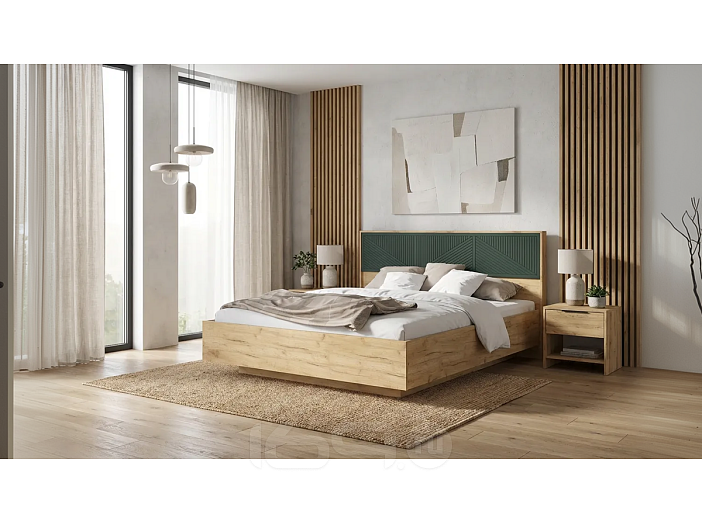 Кровать Сильвия без обивки браш мени грин/дуб крафт без П/М 1600x2000, ортопедическое основание, изголовье жесткое