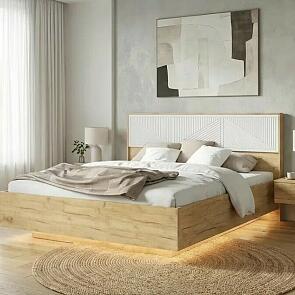 Кровать Сильвия с подсветкой без обивки браш вайт/дуб крафт без П/М 1600x2000, ортопедическое основание, изголовье жесткое