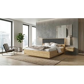 Кровать Сильвия без обивки браш графит/дуб крафт С П/М 1600x2000, ортопедическое основание, изголовье жесткое