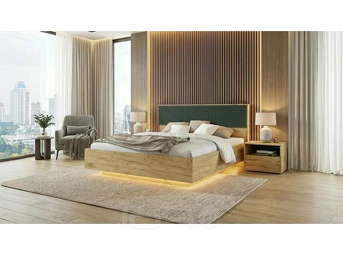 Кровать Сильвия с подсветкой без обивки браш мени грин/дуб крафт С П/М 1600x2000, изголовье жесткое