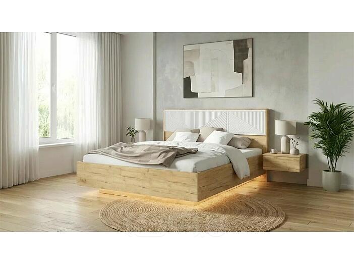 Кровать Сильвия без обивки браш вайт/дуб крафт с подъемным механизмом 1600x2000, изголовье жесткое