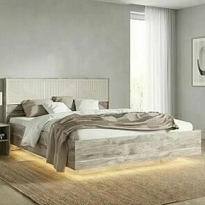 Кровать Сильвия с подсветкой без обивки кашемир/дуб юкон С П/М 1600x2000, ортопедическое основание, изголовье жесткое